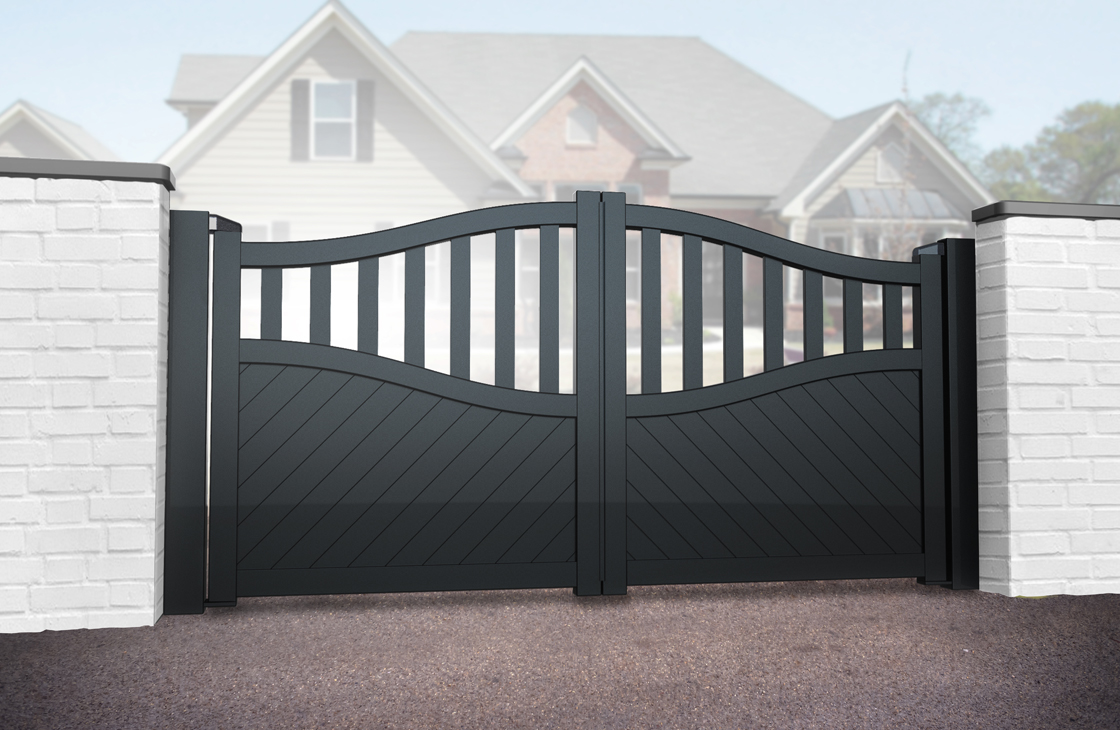 Diagonal Boarded Aluminium Driveway Gates with Arched Top & Open Pales