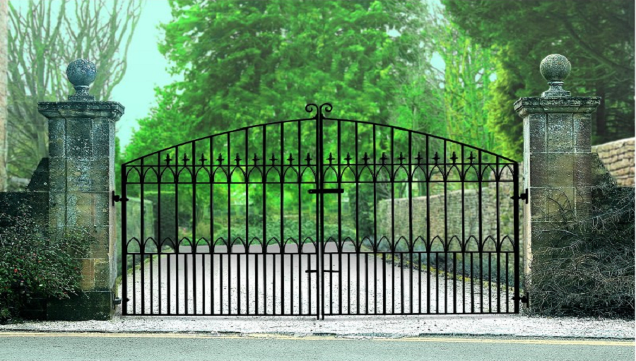 Royale Gothic arched wrought iron estate gates