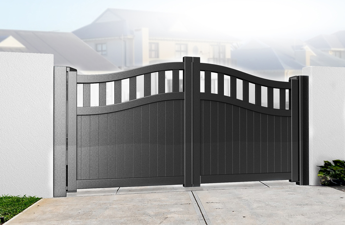 Vertical Boarded Aluminium Driveway Gates with Arched Top & Open Pales