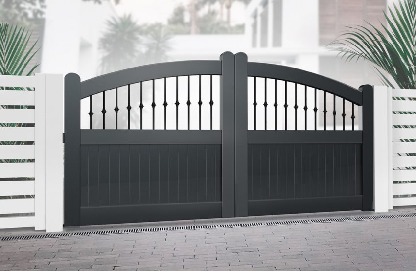 Vertical Boarded Aluminium Driveway Gates with Arched Top & Decorative Bars